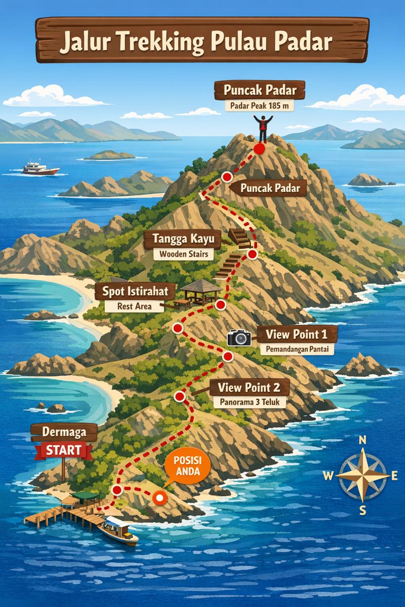 Peta jalur trekking Pulau Padar dari dermaga hingga puncak